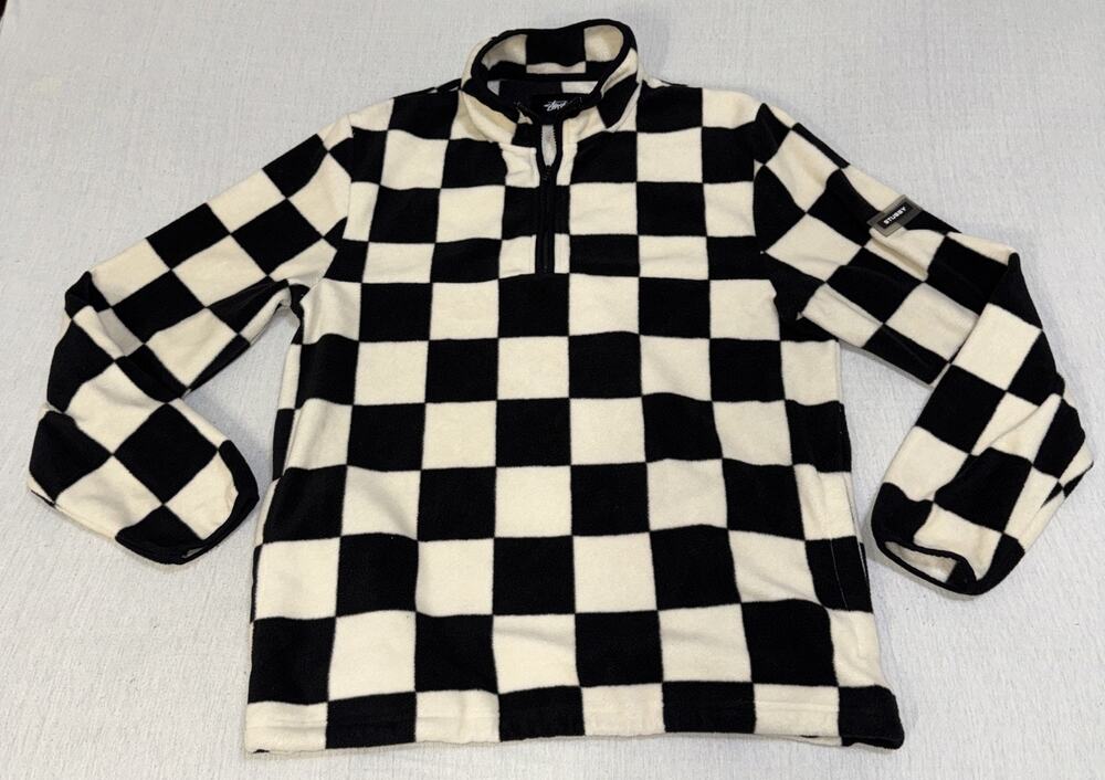 Stussy Mens Checkered Mock Neck 1/4 Zip Fleece in Black White Size Medium EUC